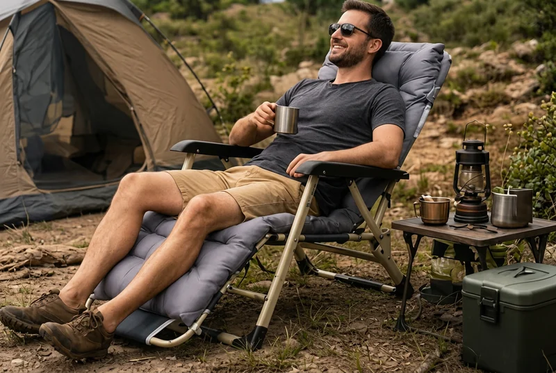 Relaxing in a padded recliner at the camping