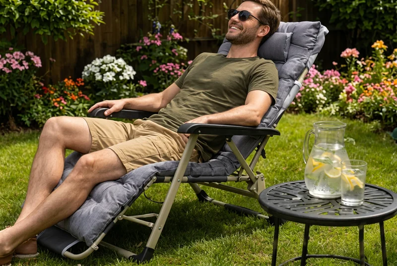 Relaxing in a padded recliner at the garden